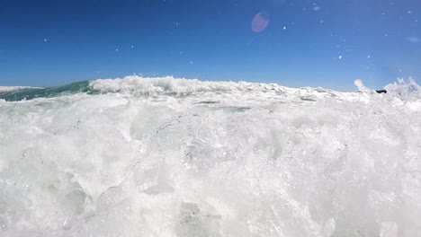 Ocean-Waves-Crashing-On-The-Go-Pro-Camera-In-The-Beach-During-Summer-In-Taranaki,-New-Zealand