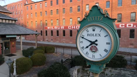 Wilbur-Chocolate-Company-and-train-station,-clock-in-Lititz-PA