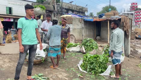 Farmers-came-to-city-to-sell-vegetables-and-Bargaining-price-with-customer-beside-a-street-in-Dhaka,-Bangladesh