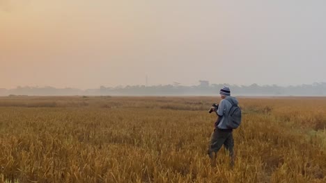 Wide-shot-of-man-wearing-winter-clothes-taking-pictures-with-camera-of-harvest-field