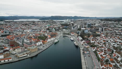 Old-coastal-city-of-Stavanger-in-Norway---panoramic-aerial-trucking-shot
