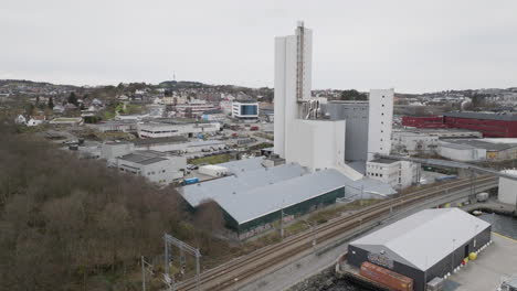 Aerial-arc-shot-of-fish-feed-manufacturing-factory-in-Stavanger,-Norway