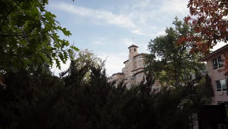 Extra-wide-shot-of-the-Broadmoor-Hotel-Tower-in-Colorado-Springs-Colorado