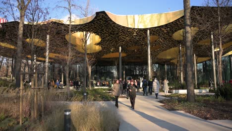 The-Entrance-of-House-of-Music,-Hungary---designed-by-Sou-Fujimoto--at-Budapest-City-Park-on-a-sunny-winter-afternoon---January-2023