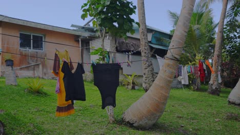Die-Wäsche,-Die-An-Einem-Sonnigen-Tag-Im-Wind-Zwischen-Hohen-Kokospalmen-Hängt,-Wird-In-Zeitlupe-Eingefangen