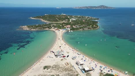 Sardinia-Peninsula-Island-Isolo-dei-Gabbiani-in-Porto-Pollo,-Italy---4k-Aerial-Circling