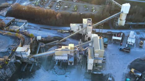 Aerial-View-of-Limestone-quarry,-Lime-Plant-and-quarry-trucks-in-Germany