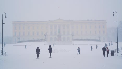 Los-Lugareños-Disfrutan-Caminando-Por-Los-Terrenos-Nevados-Del-Palacio-Real-En-Oslo-Durante-El-Invierno