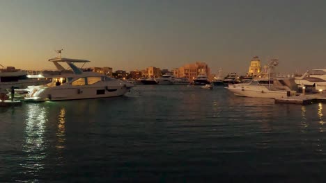 El-Gouna,-Hurghada,-Red-Sea-Governorate,-Egypt,-Abu-Tig-Marina-in-El-Gouna,-Egypt-Sunset-Shot-With-Luxury-Yachts