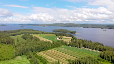 Aerial-view-of-a-lake-and-islands-and-Finnish-countryside-on-a-sunny-summer-day