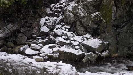 Stromschnellen-Auf-Dem-Fluss-Mit-Felsbrocken-Im-Verschneiten-Winter