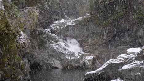 Nevando-En-Valles-Rocosos-Con-Cascadas-Durante-El-Invierno