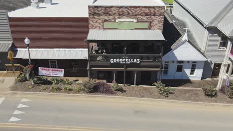 Aerial-pass-of-Old-Town-Helena's-charming-small-town-shops-and-eateries-in-Helena,-Alabama