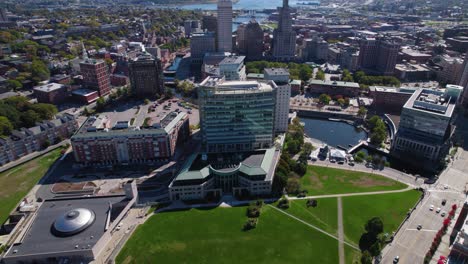 Aerial-of-city-skyscrapers-urban-industry-buildings-on-a-sunny-day-in-Providence-Rhode-Island