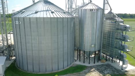 Industrial-steel-grain-silo-storage-on-Arcadia-agricultural-farmland,-Indiana,-Aerial-orbiting-view