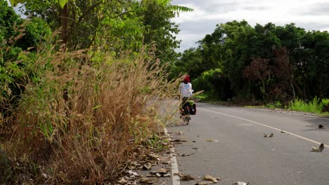 A-solo-Asian-woman-long-distance-cyclist-and-backpacker-dressed-in-athletic-clothes-riding-through-Nan-province-on-her-foldable-bicycle-on-the-left-corner-of-the-road,-Thailand