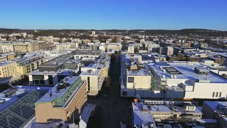 Downtown-Jyväskylä,-Finland-on-a-sunny-winter-day,-aerial-view