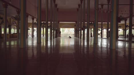 Kids-playing-in-vast-pagoda-silhouetted-against-back-light,-in-a-large-columned-symmetrical-hall,-Cambodia-lifestyle