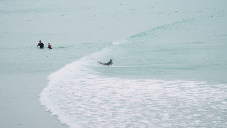 Surfistas-Esperando-La-Ola-Perfecta-Del-Océano-En-Riverton,-Isla-Del-Sur,-Nueva-Zelanda