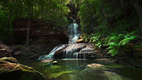 4K-UHD-Cinemagraph-seamless-video-loop-of-a-waterfall-mountain-river-in-the-Blue-Mountains,-Australia,-with-lush-green-tropical-rainforest-jungle-ferns-and-palm-trees