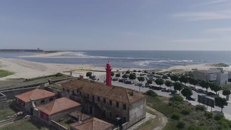 Esposende-Lighthouse-aerial-view-in-4k,-Farol-de-Esposende-drone-shot-rotation,-São-João-Baptista-Fort,-North-of-Portugal