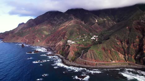 Aerial-landscape-of-epic-volcanic-coast-in-Anaga-mountain,-Tenerife