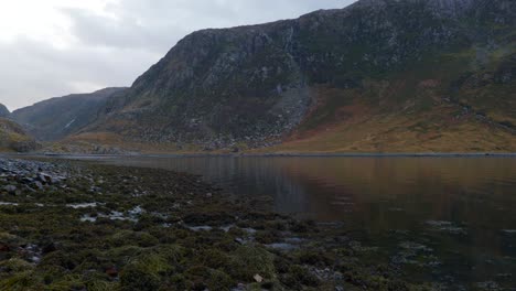 Eine-Langsame-Schwenkaufnahme-Von-Stillem-Wasser-In-Einem-Meeresloch-In-Schottland-Mit-Dunklen-Schatten-Und-Farbenfroher-Gelber-Vegetation,-Die-Sich-Die-Berghänge-Hinauf-Ausbreitet