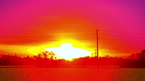 Amazing-time-lapse-shot-of-the-burning-red-sun-rising-behind-the-lush-fields-and-trees-in-the-summer