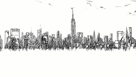 Digitale-Skizzenanimation-Der-Ikonischen-Skyline-Von-New-York-City-Mit-Wolkenkratzern-Und-Weißem-Hintergrund