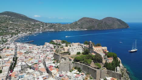 Lipari-City-Wall,-Castle-and-Cathedral-at-Aeolian-Islands,-Italy---Aerial-4k