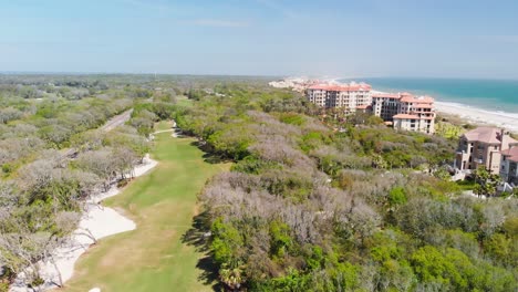 Aerial-view-of-forest-and-coastal-resorts-of-Amelia-Island-with-background-of-the-beach