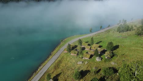 Lovatnet-glacier-lake-and-Breng-seter-historical-farm-houses