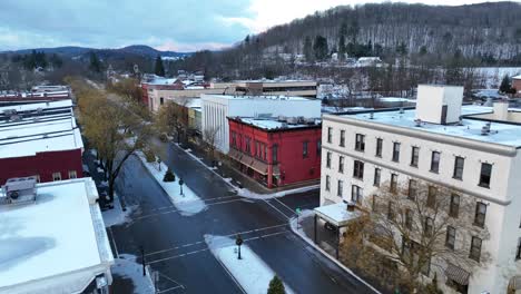 Aerial-angled-view-of-buildings-on-main-street-of-small-town-in-America