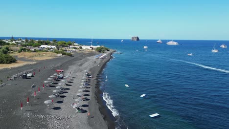 Stromboli-Volcanic-Black-Beach-at-Aeolian-Islands,-Sicily,-Italy---Aerial-4k