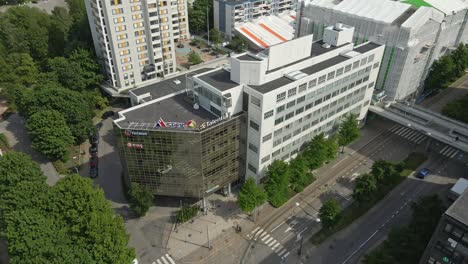 Aerial-view-of-apartment-and-office-buildings-in-Pasila,-Helsinki,-dolly-out