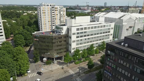 Aerial-view-of-apartment-and-office-buildings-in-Pasila,-Helsinki-on-a-sunny-day