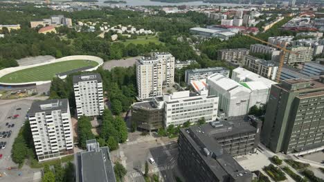 Aerial-view-of-apartment-and-office-buildings-in-Pasila-district-of-Helsinki,-Finland
