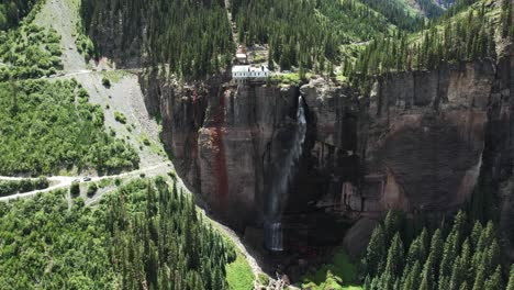 Aerial-View-of-Bridal-Veil-Falls-and-Old-Power-Plant-Building,-Telluride