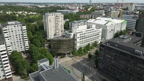 Aerial-view-of-Pasila-area-of-Helsinki,-Finland-on-a-beautiful-summer-day