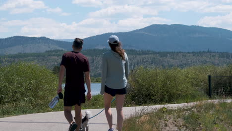 Aufnahme-Eines-Paares,-Das-Mit-Einem-Hund-Spazieren-Geht,-Und-Einem-Radfahrer,-Der-Sich-Einen-Gepflasterten-Weg-In-Der-Nähe-Des-Lake-Dillon-Teilt