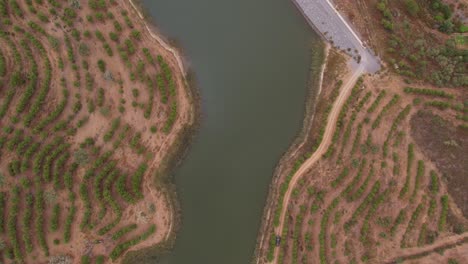 Topdown-view-dam-reservoir-lake-with-cultived-fields,-Portugal