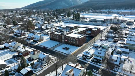 Aerial-view-of-town-in-snow