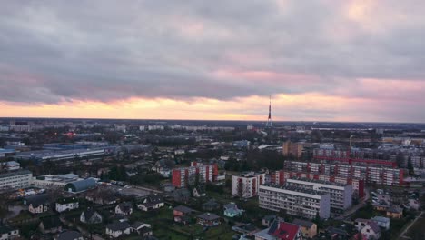 Wonderful-aerial-drone-view-of-Riga-residential-district,-dolly-out,-sunset