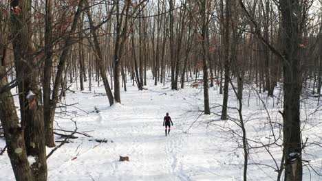 Aerial,-person-walking-alone-on-empty-snowy-forest-path-during-winter