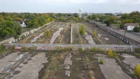 Trees-and-plants-growing-in-old-concrete-water-reservoir,-aerial-drone-view