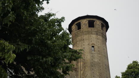 Acaja-castle-in-Turin-Italy-in-slow-motion-panorama-low-angle-shot