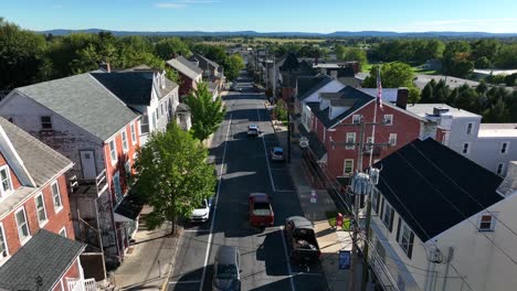 Aerial-drone-shot-over-street-in-small-town-America