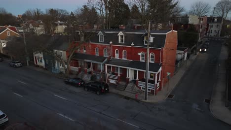 Slow-aerial-approach-towards-small-city-houses-in-America