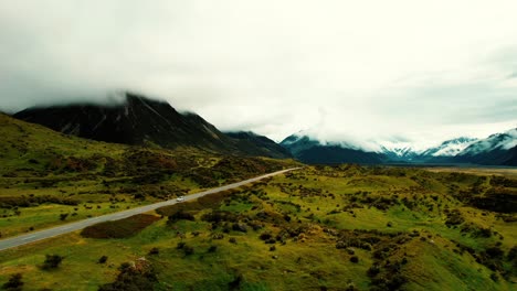 Mount-Cook-National-Park,-New-Zealand-Aerial-Drone-of-Road-and-Mountain