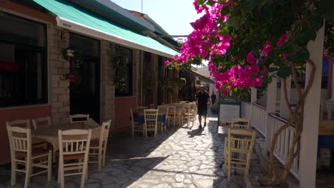 Typische-Touristische-Griechische-Straße-Mit-Einer-Charmanten-Esplanade-Und-Bunten-Blumen,-Die-Sich-Im-Wind-Wiegen,-Preveza